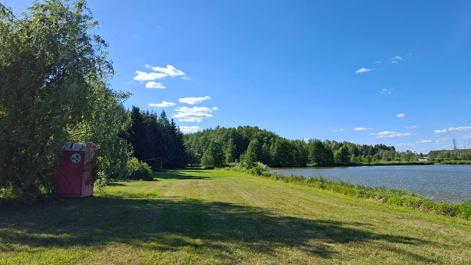 Zdjęcie przedstawia sielski krajobraz w orientacji poziomej, gdzie głównym elementem jest rozległa, zielona łąka przylegająca do spokojnego jeziora. Po lewej stronie kadru, w cieniu rozłożystego drzewa, znajduje się czerwona przenośna toaleta typu TOI-TOI z wyraźnym białym logo „WC”. W oddali widać linię gęstych, zielonych drzew oraz niewielką wiatę wypoczynkową skrytą w cieniu. Cała kompozycja jest skąpana w słonecznym świetle pod bezchmurnym, głęboko błękitnym niebem z pojedynczymi, delikatnymi obłokami. Spokojna tafla wody zajmuje prawą stronę ujęcia, tworząc naturalną granicę z trawiastym terenem rekreacyjnym.